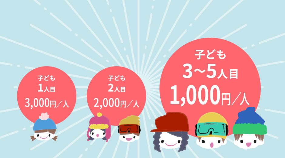 子ども1人目3000円子ども2人目2000円子ども3〜5人1000円